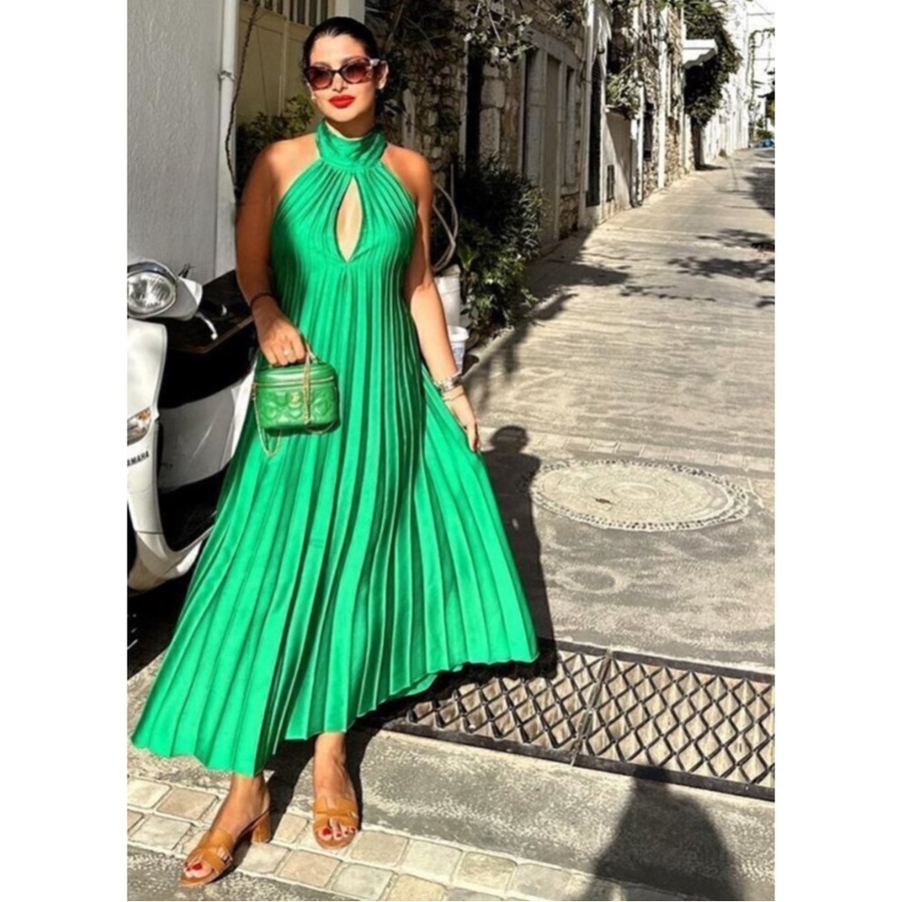 MANGO NWT BLOGGER FAVE Green Pleated Tie Neck Halter Midi Dress Sz 8 - Picture 11 of 17